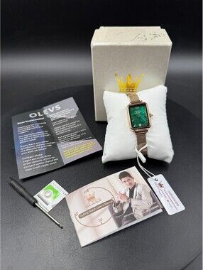 OLEVS Luxury Green Dial Rectangular Women's Wristwatch with Rose Gold Mesh Band